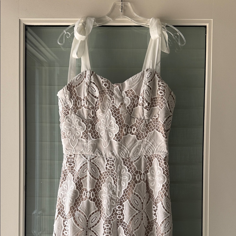 Red Dress Boutique White Lace Floral Jumpsuit with Nude Underlay
